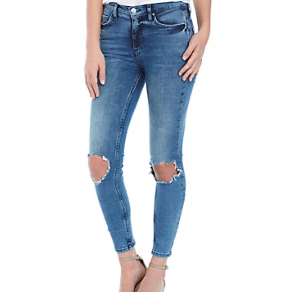 Free People High Rise Turquoise Busted Out Knee Skinny Jean Size 28 Short